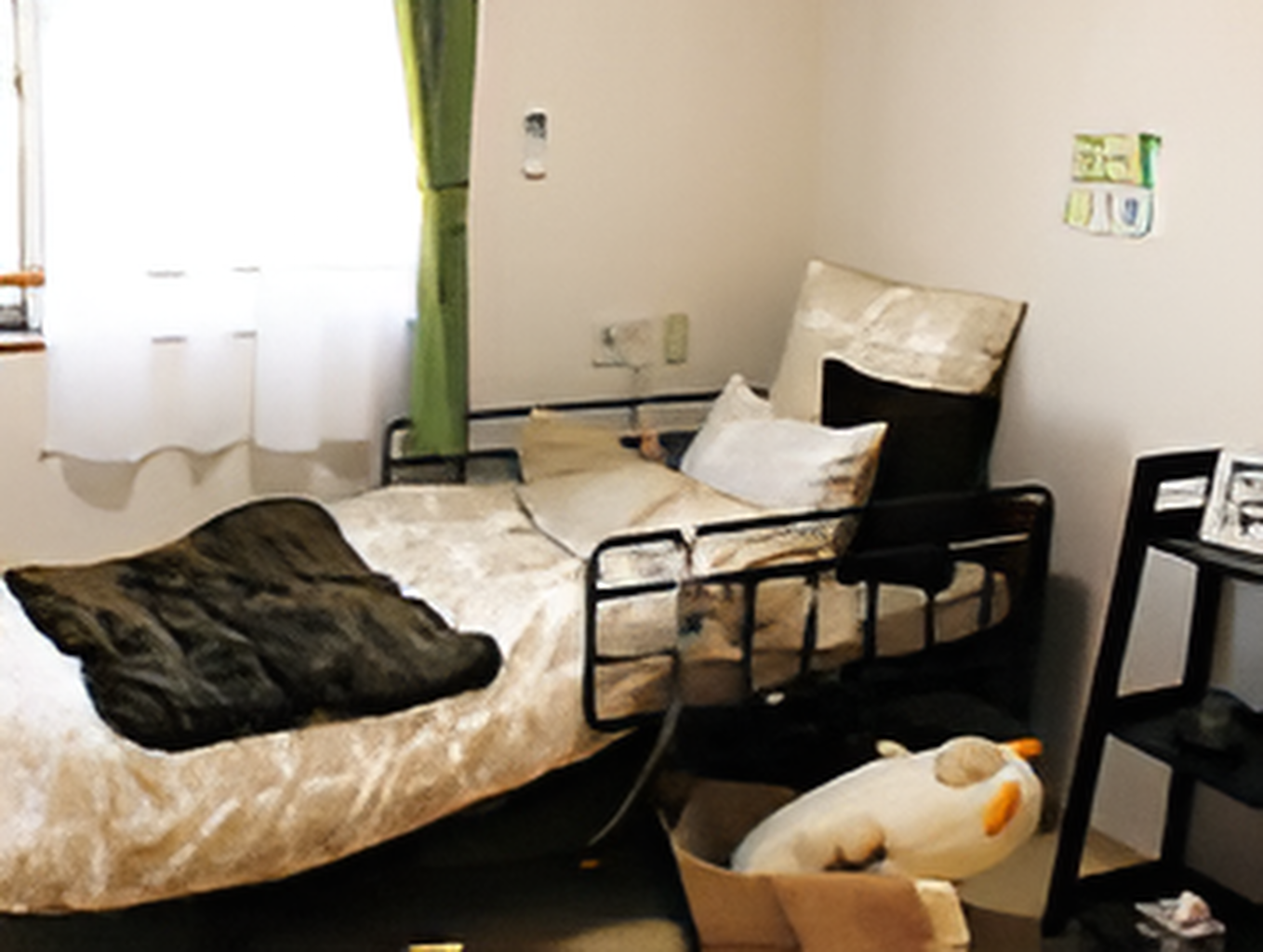 緊急通報装置付きの部屋には寝具付きのベッドなどが置かれ、大きな窓が付いている。