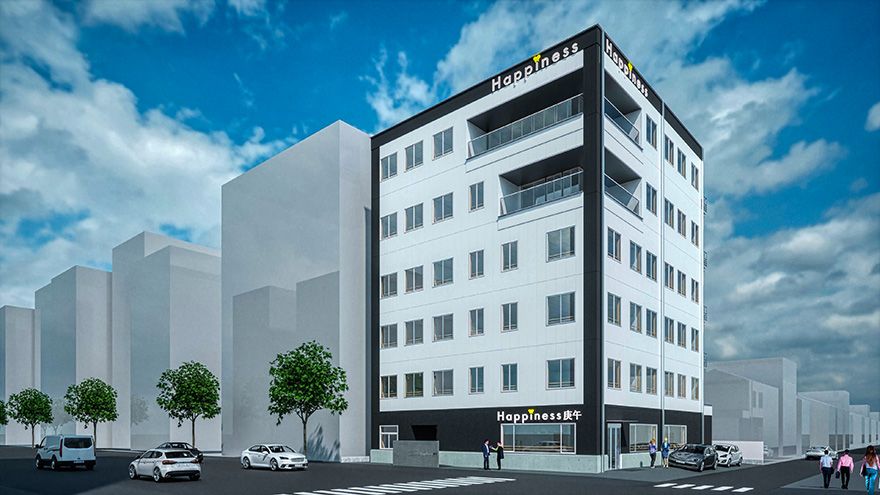 街角に立つ白い建物