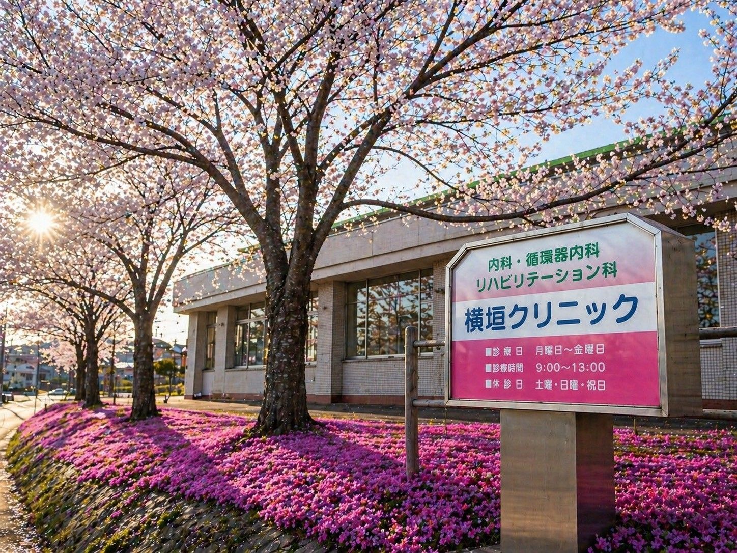 桜の木とクリニックの看板
