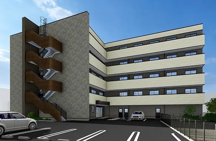 外観の建物と駐車場