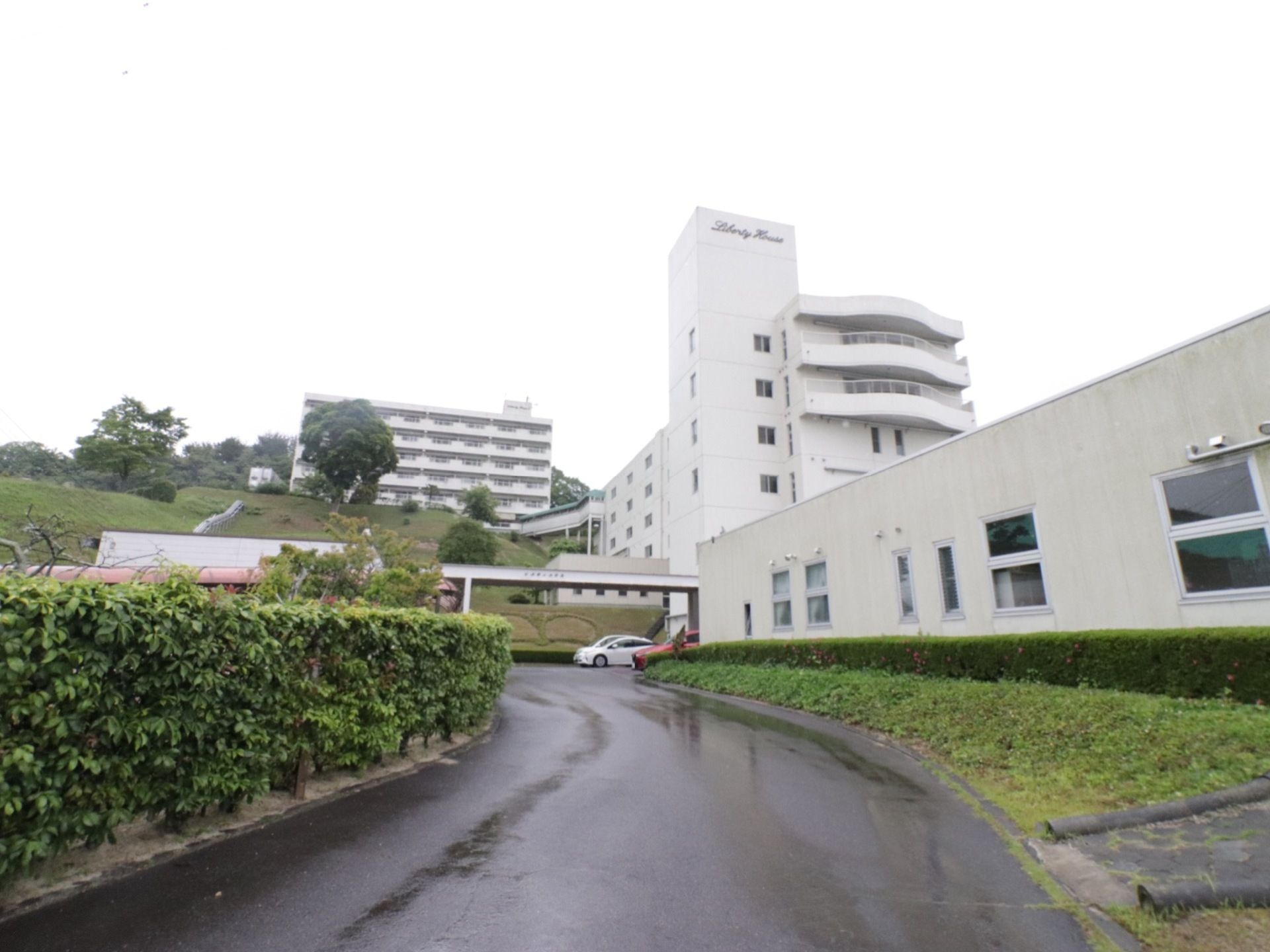 施設につながる、なだらかな斜面の通路の両側に植栽を設けている。目の前に白い建物が存在感を示しながら佇んでいる。周辺は、緑豊かである。