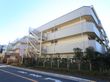 ベージュの落ち着いた雰囲気の建物は3階建てになっている。建物の周りの道路沿いには、木々が植えられている。
